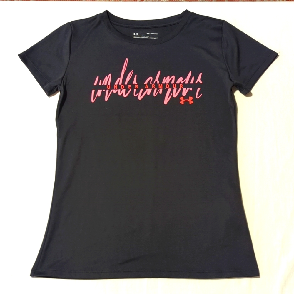 Under Armour Women's Pink Black Loose HeatGear Athletic Tee Top SIZE XS